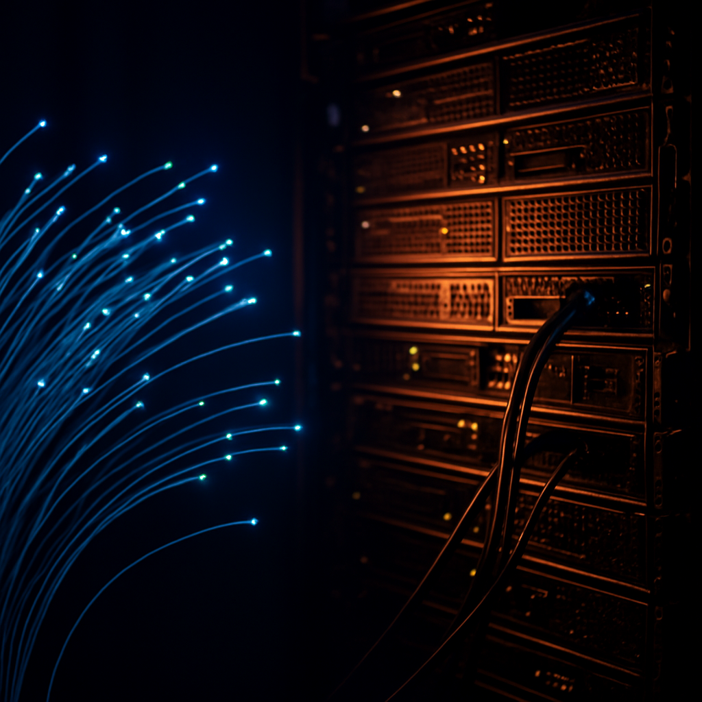 Abstract fiber optic light streaks representing media technology