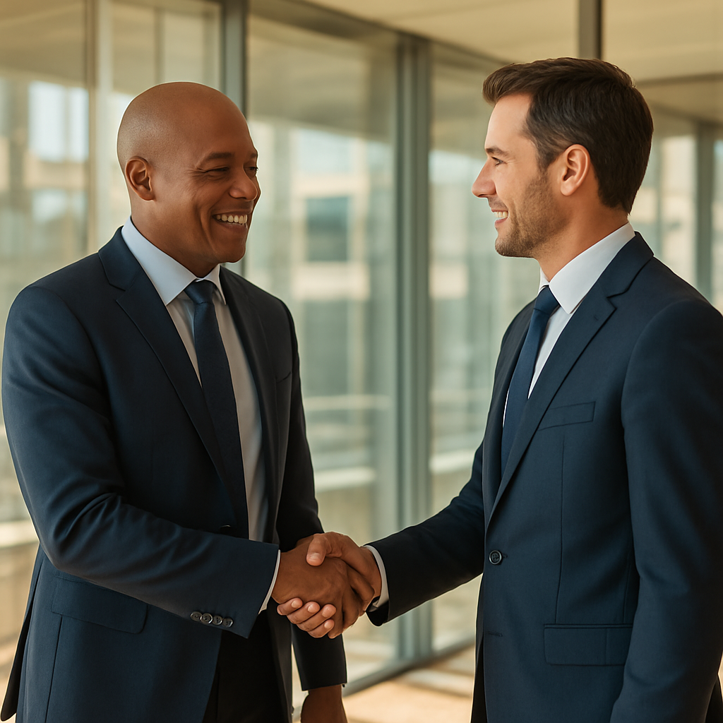 Two professionals shaking hands in a modern glass office